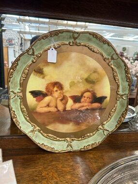 Vintage Cherub Angel WallArt Ornate Gold Green Frame Raphael Style Cottage Decor